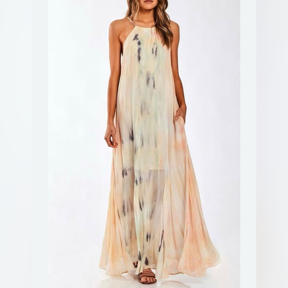 Young Fabulous & Broke Elie Trapeze Viscose Tie Dye Halter Maxi Dress S